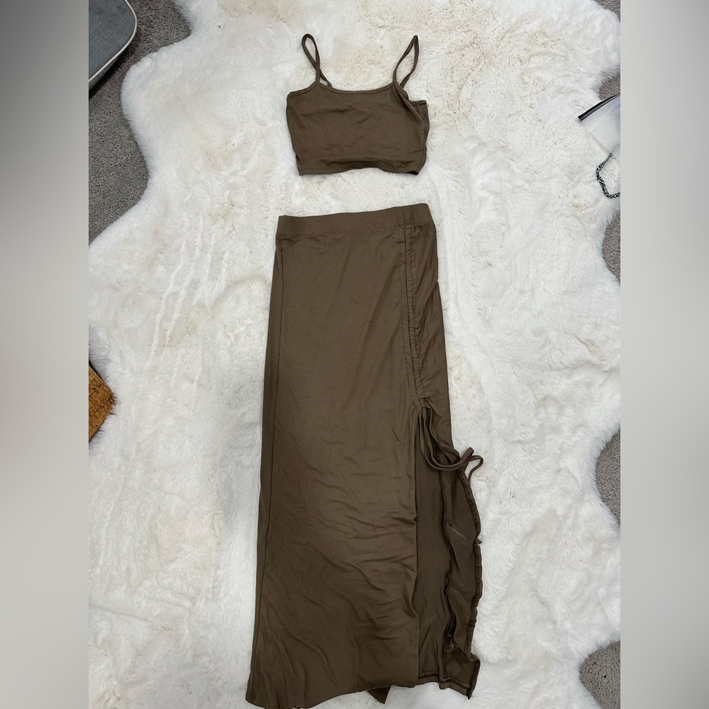 Light Brown Two Piece Spaghetti Strap Skirt Set